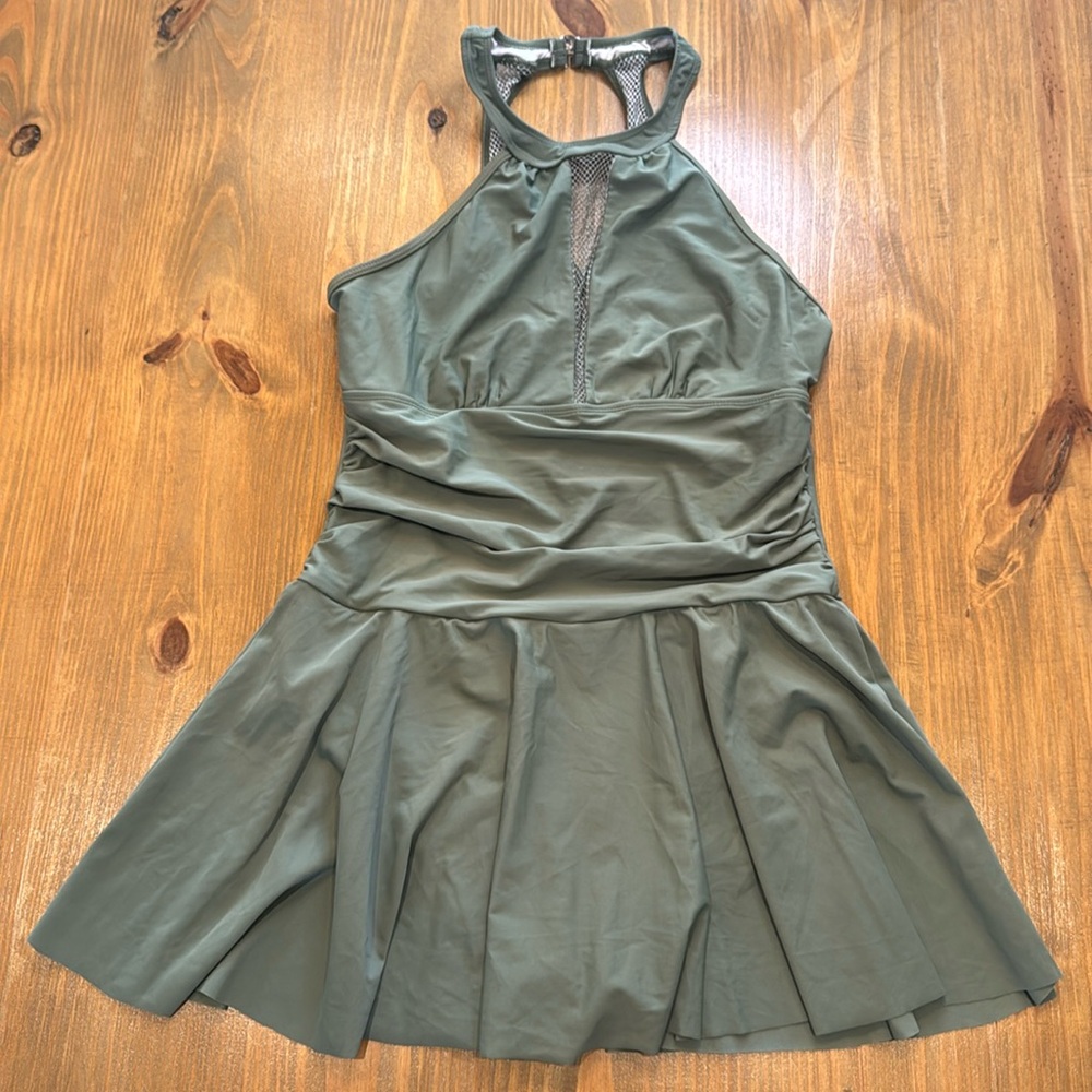 Green high neck swim-dress built swim briefs one piece swimwear NWOT XL